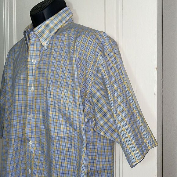 Overton yellow, blue & white check wrinkle resistant cotton short sleeve shirt - Picture 4 of 9